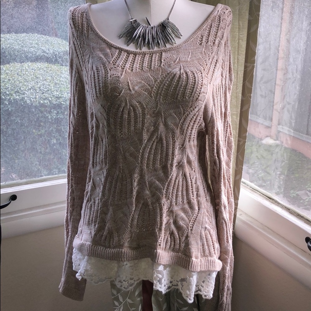 INC Beige Sweater with Lace Accents